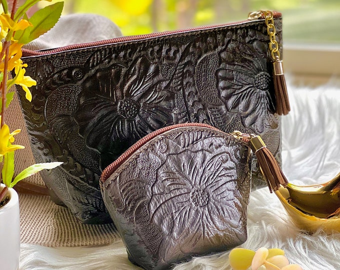 Handcrafted Leather Makeup Bag Set • Floral Embossed Cosmetic Pouch • Personalized Toiletry Gift for Women