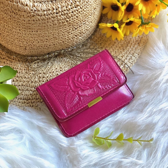 Handmade Rose Embossed Leather Wallet for women: Small Personalized Card Holder ladies wallet