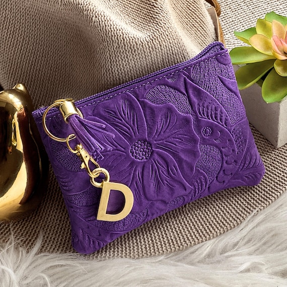 Purple Leather Pouch, Small Leather Organizer, Floral Zipper Pouch, Cord Organizer, Coin Purse, Gift for Women