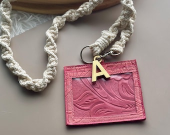 Floral Leather ID Badge Holder with Macrame Lanyard