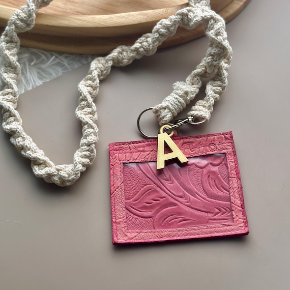 Floral Leather ID Badge Holder with Macrame Lanyard