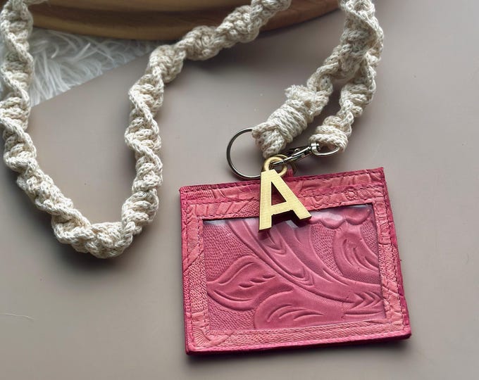 Floral Leather ID Badge Holder with Macrame Lanyard