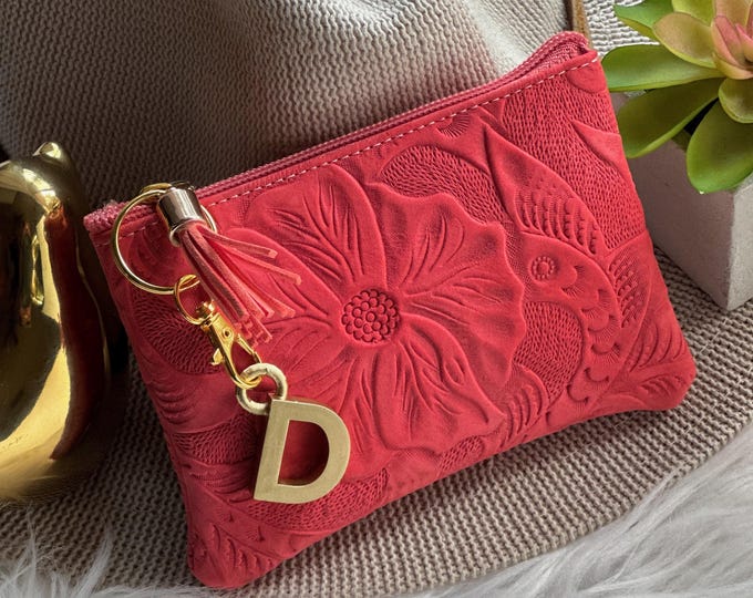 Embossed Leather Zipper Pouch – Small Floral Makeup & Cosmetic Bag