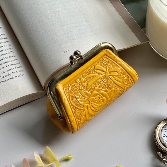 Vintage Style Leather Clasp Coin Purse • Handmade Floral Design