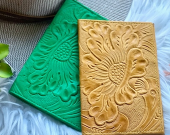 Embossed Leather Passport Holder: Floral Travel Wallet, Handmade