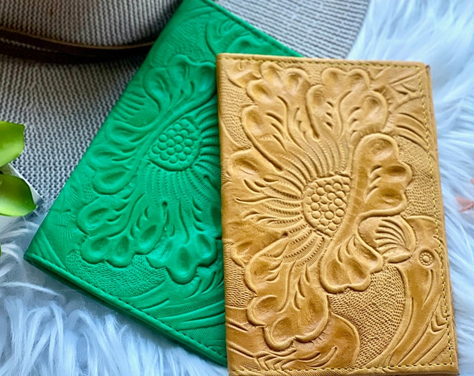 Embossed Leather Passport Holder: Floral Travel Wallet, Handmade