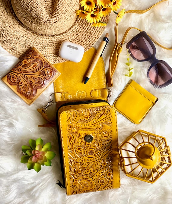 Handmade Leather Crossbody Bag - Embossed Boho Small Shoulder Purse