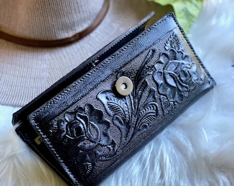 Handmade Embossed Floral Leather Wallet for Women: Sustainable Boho Style