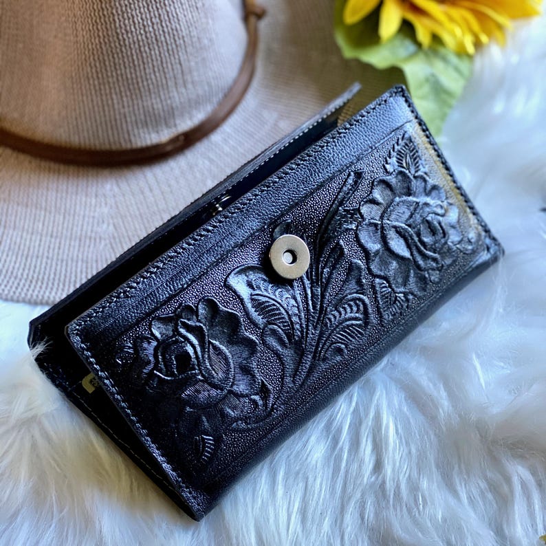 Handmade Embossed Floral Leather Wallet for Women: Sustainable Boho ...