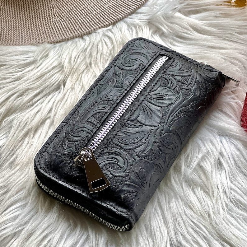 Floral Embossed Zipper Leather Women's Wallets Leather Etsy