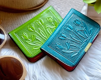 Graduation Gift • Small Leather Wallet for Women • Personalized Tulip Embossed Card Holder