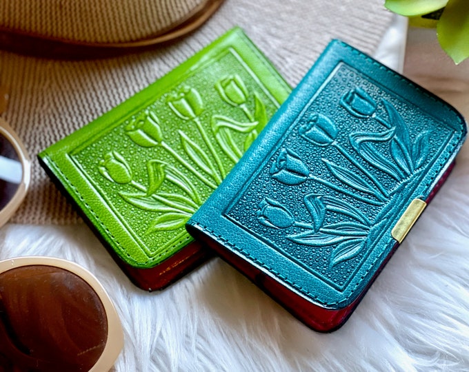 Graduation Gift • Small Leather Wallet for Women • Personalized Tulip Embossed Card Holder