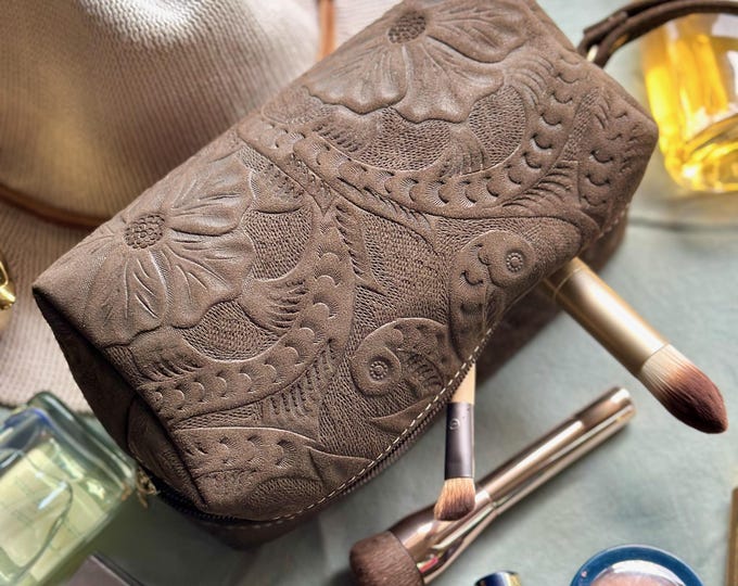 Handcrafted Leather Makeup Bag • Tooled Leather Cosmetic Pouch • Personalized Gift for Women