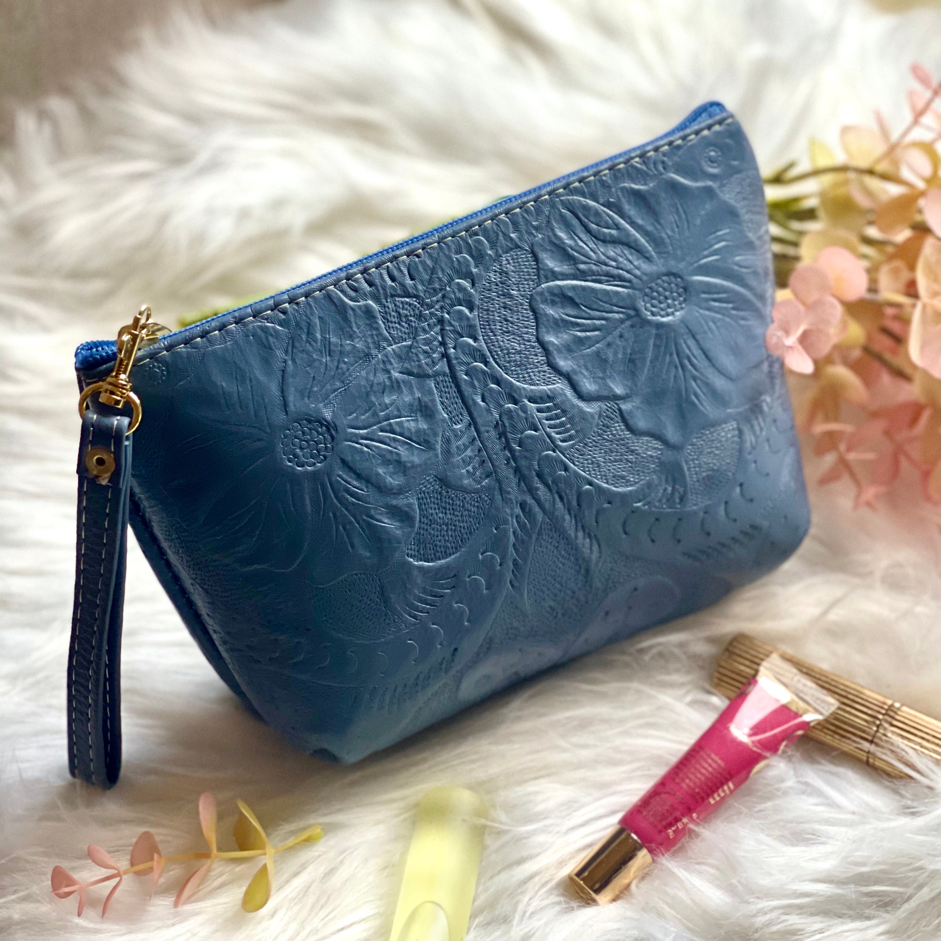 Embossed Leather makeup bag • women's Toiletry bag • Cosmetic Bag