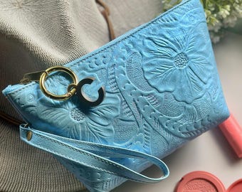 Embossed Floral Leather Makeup Bag: Personalized Cosmetic Pouch