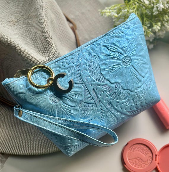 Embossed Floral Leather Makeup Bag: Personalized Cosmetic Pouch