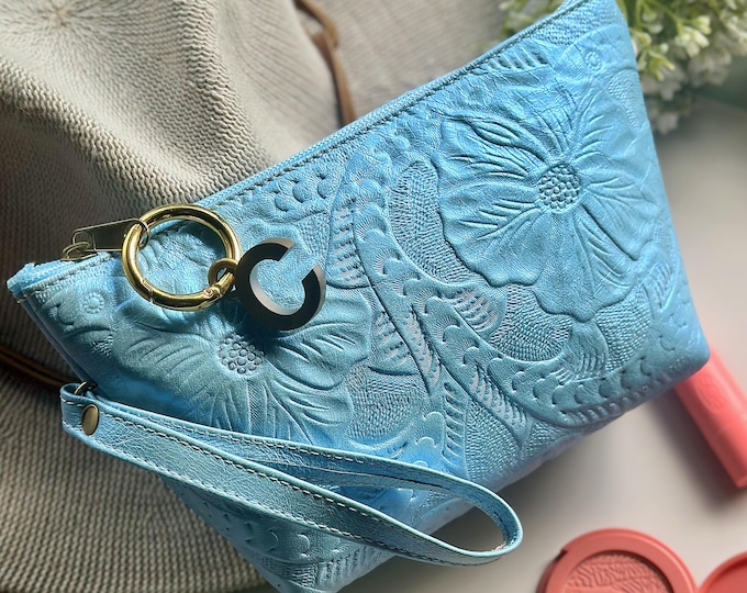 Embossed Floral Leather Makeup Bag: Personalized Cosmetic Pouch