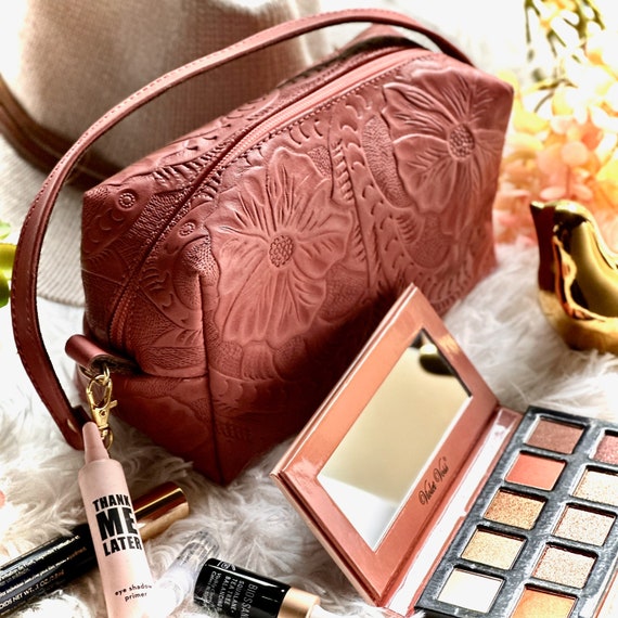 Leather Makeup Bag for Women • Personalized Floral Toiletry Pouch