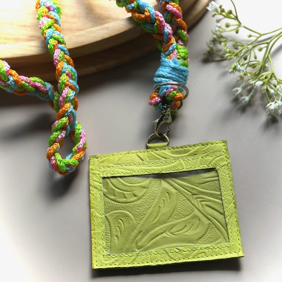 Handmade Floral Leather ID Badge Holder with Macramé Lanyard
