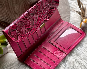 Slim Leather Wallet for Women • Personalized Credit Card Wallet • Handmade Boho Wallet • Cash Envelope Style • Engraved Gift for Mom