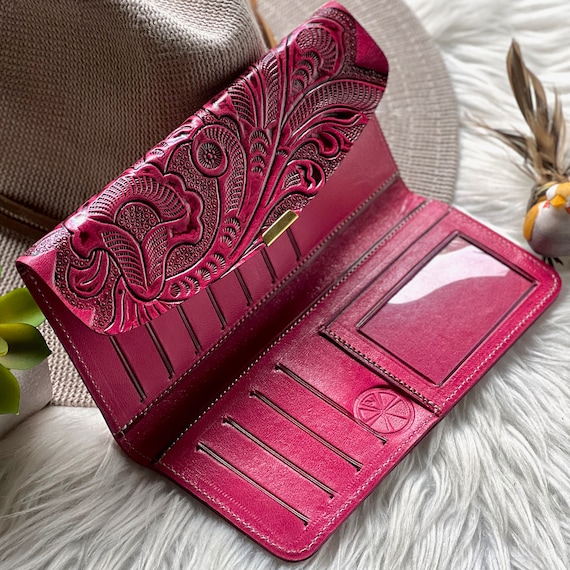 Slim Leather Wallet for Women: Personalized Boho Cash Envelope, Engraved Gift