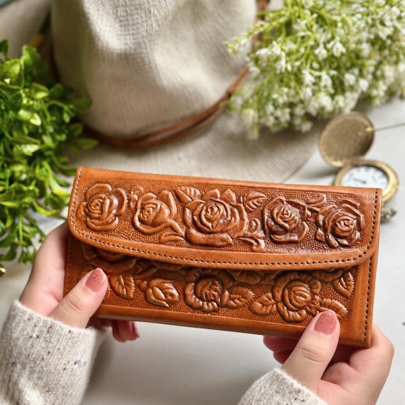 Western Leather Wallet for Women, Cognac Rose Embossed Wallet, Cowgirl Gift, Vintage Floral Wallet
