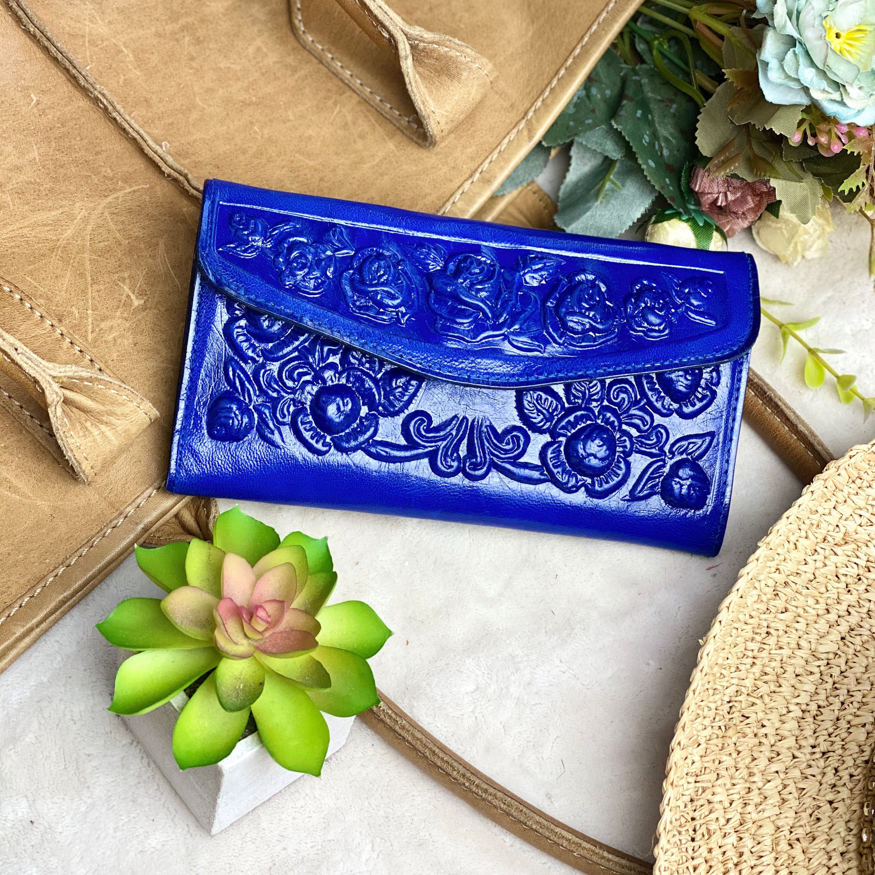 Blue leather credit card wallets for women roses wallet gift for