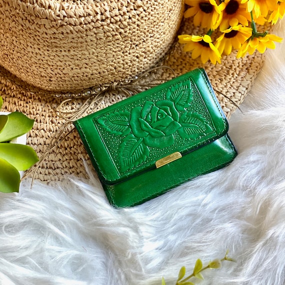 Rose Embossed Leather Mini Wallet with ID Holder, Zipper and Personalization