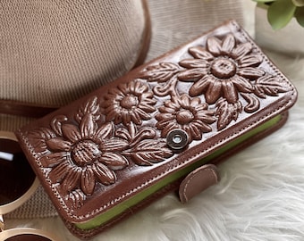 Tooled leather wallets for women • Gifts for her • womens wallet • Sunflowers wallet