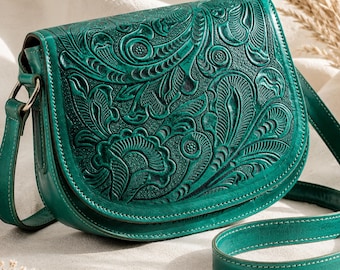 Handmade Leather Crossbody Bag • Embossed Western Saddle Purse • Tooled Leather Shoulder Bag