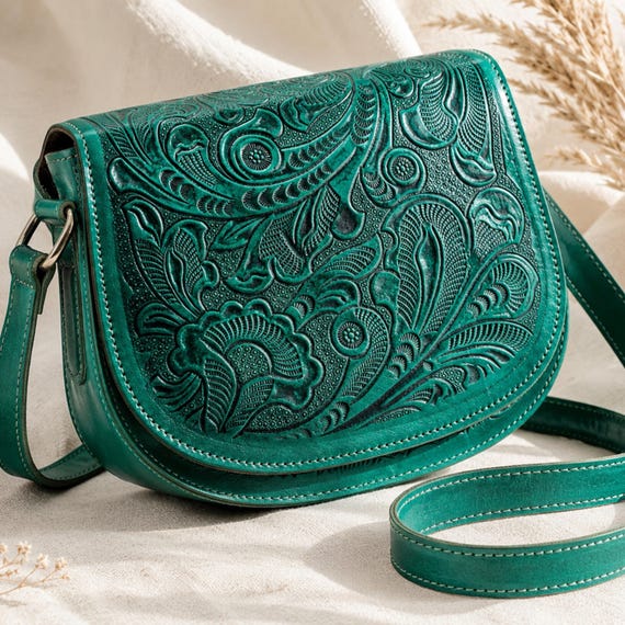 Handmade Leather Crossbody Bag • Embossed Western Saddle Purse • Tooled Leather Shoulder Bag