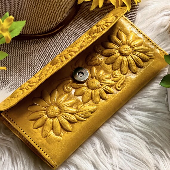 Floral Leather Wallet, Tooled Sunflower Clutch, Small Gift for Her