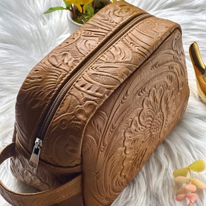 brown Leather Toiletry bags for women • Makeup bag leather • Boho bag for women • travel bag • cosmetic bag woman • flowers lovers