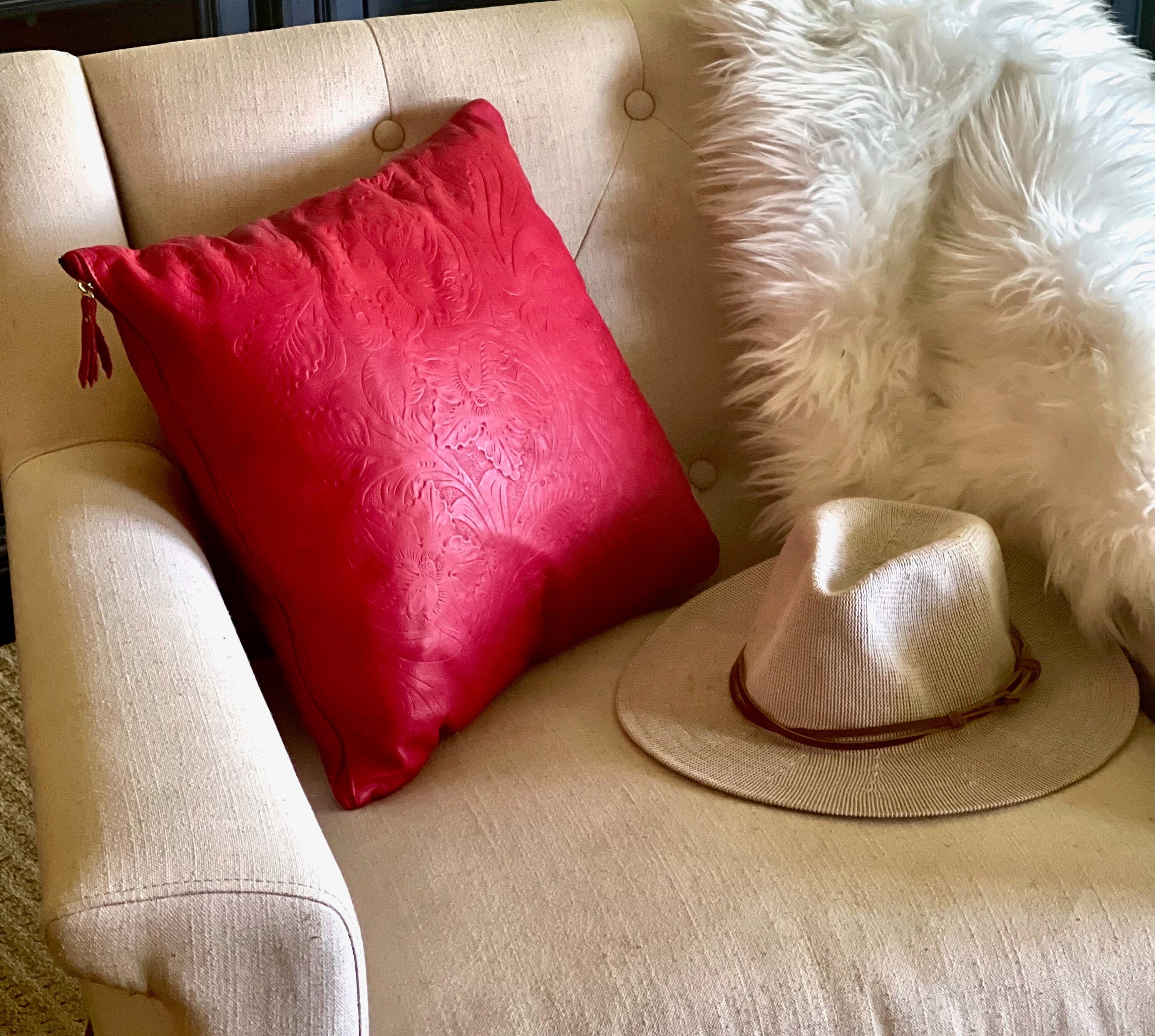 Tooled leather pillow cover • Leather throw pillow • Housewarming gift