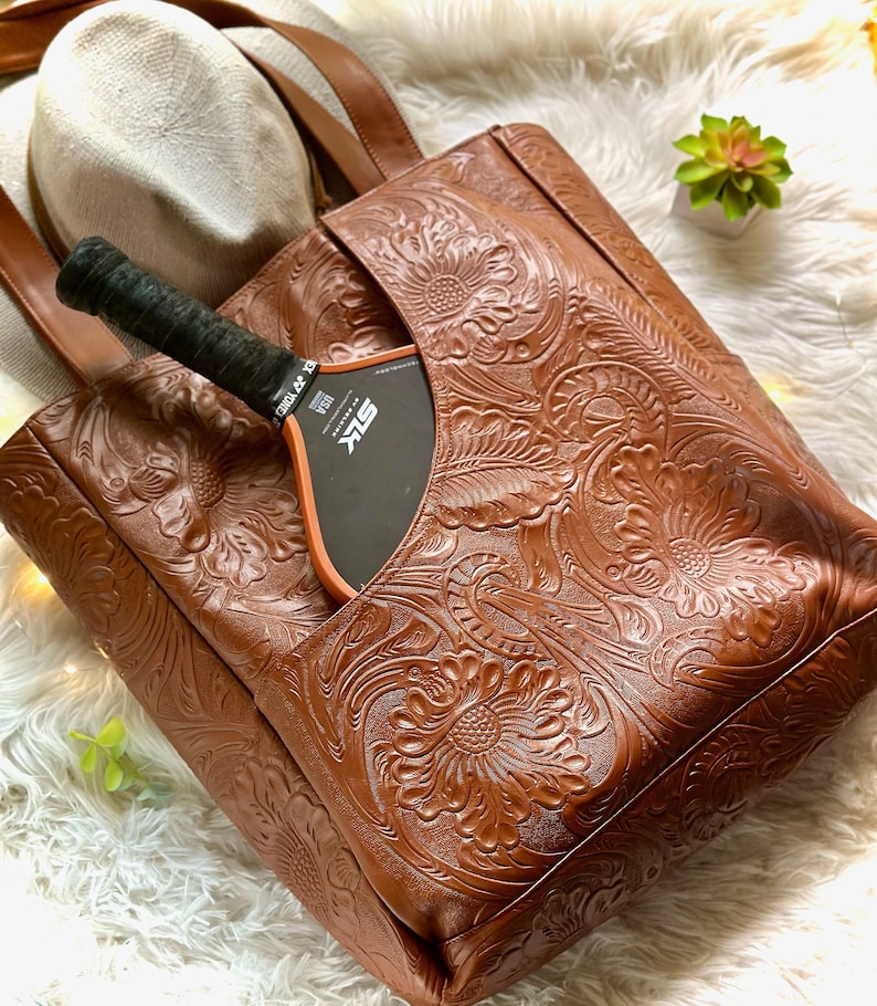 Handmade leather pickleball tote bag for women with two compartments and boho gym style
