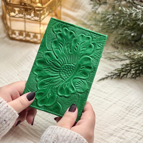 Embossed Leather Passport Holder - Handmade Floral Passport Cover