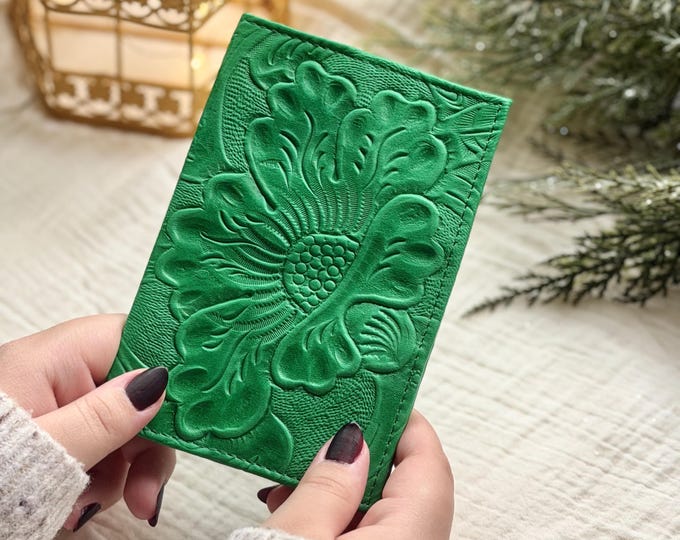 Embossed Leather Passport Holder - Handmade Floral Passport Cover