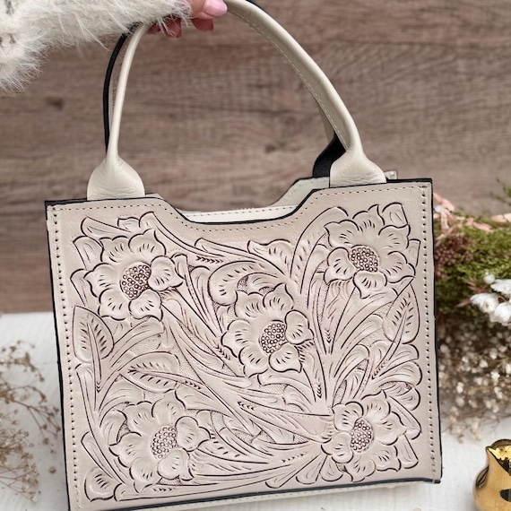 Cream Tooled Leather Bag, Floral Leather Purse, Handmade Crossbody Handbag, Boho Cottagecore Western Purse