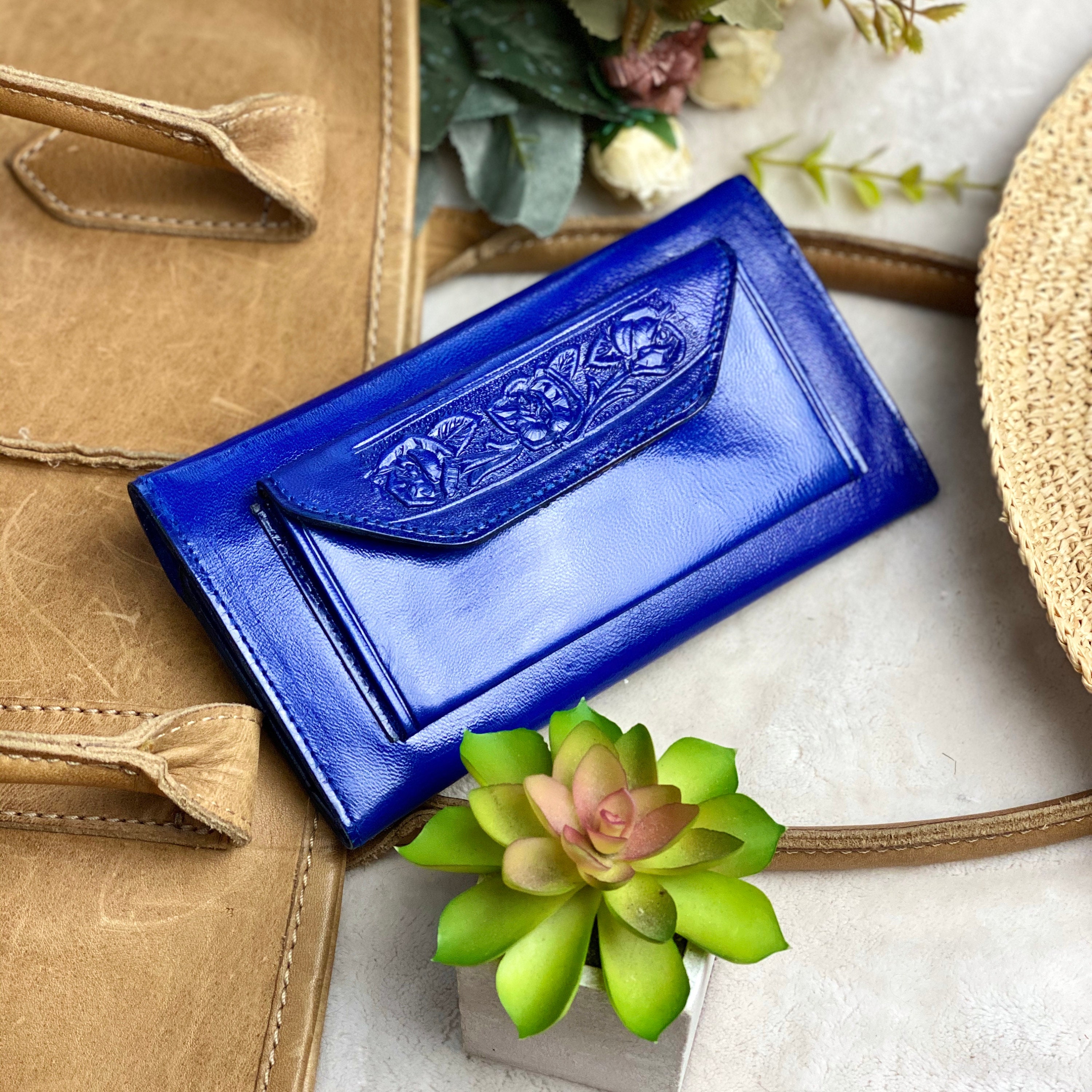 Blue leather credit card wallets for women roses wallet gift for