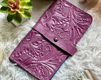 Handmade Leather Wallet with Orchids: Cute, Vintage Style, and Personalized