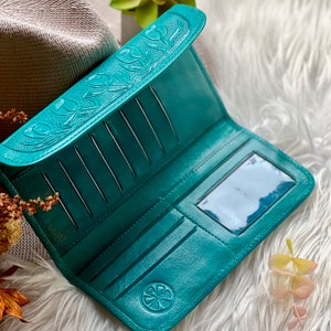 Handcrafted leather woman wallets Embossed leather wallets long wallets for women leather gifts image 5