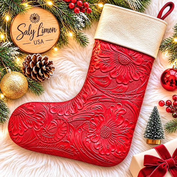 Personalized Leather Christmas Stocking, Red Floral Tooled Stocking, Handmade Christmas Decor, Custom Holiday Gift for Her