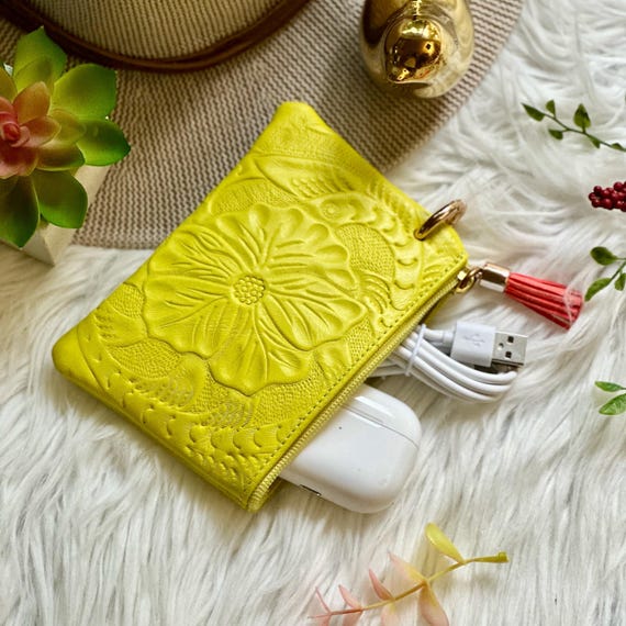 Floral Leather Zipper Pouch: Handmade Boho Makeup Bag