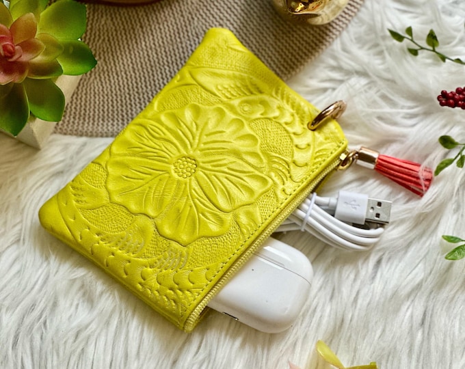 Floral Leather Zipper Pouch • Small Makeup Bag • Yellow, Coral, or Silver • Personalized Gift for Her • Boho Leather Pouch