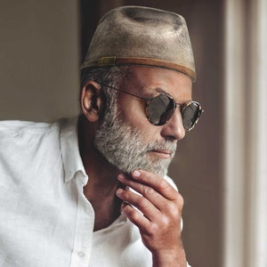 Kufi Hat/Kufi Cap/Mens Hat - Sandstone Wool Kufi Hat (Distressed style) with Tanned Cork Leather Cord