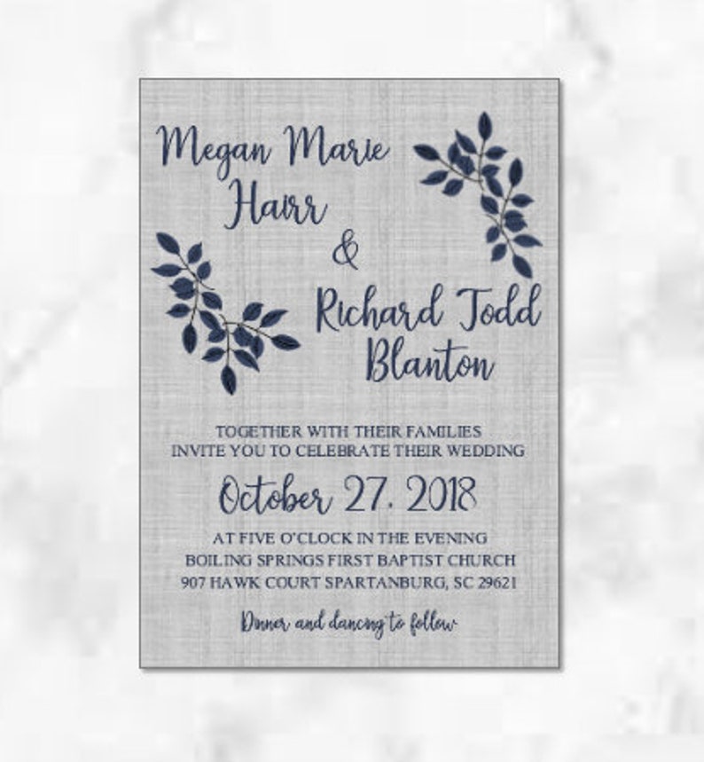 Digital or Printed Grey and Navy Wedding Invitation with RSVP card Customizable