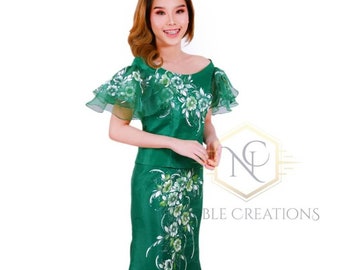 FILIPINIANA Flair Sleeve Blouse and Skirt Dress Philippine National Costume Maria Clara Baro at Saya Barong Tagalog - Emerald Green
