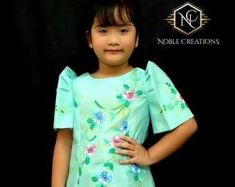 KIDS FILIPINIANA DRESS Handpainted Mestiza Gown SantaCruzan Philippine National Costume Maria Clara Baro at Saya Barong Tagalog - Mint Green