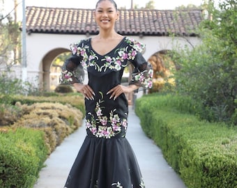 FILIPINIANA DRESS Black Hand-painted  Serpentina Gown with Flair Sleeves Philippine National Costume - NCBSF