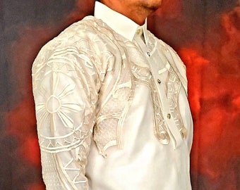 Barong Tagalog TRIBAL style with Inner Lining Filipino National Costume Filipiniana Lumban Laguna Philippines - US SIZE Beige